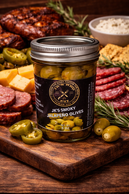 Smoked Jalapeño Olives by JK’s BBQ Pit with BBQ charcuterie board on rustic wooden table