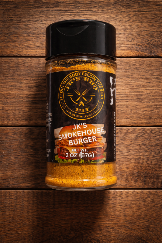 JK's Smokehouse Burger Seasoning 2 oz bottle from JK's BBQ Pit on rustic wooden background