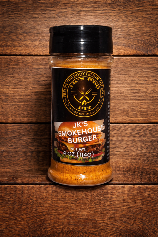 JK's Smokehouse Burger Seasoning 4 oz bottle from JK's BBQ Pit on rustic wooden background