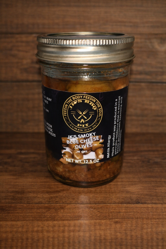 JK's BBQ Pit Smoky Blue Cheese Olives 12.5 oz jar on wooden background gourmet smoked olive appetizer