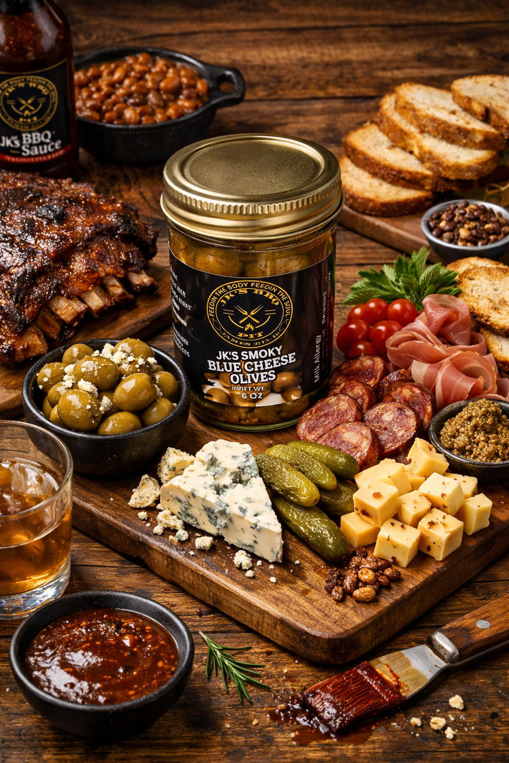 Smoky Blue Cheese Olives by JK’s BBQ Pit with BBQ charcuterie board, smoked ribs, cheeses, olives, and sauce on rustic wooden table