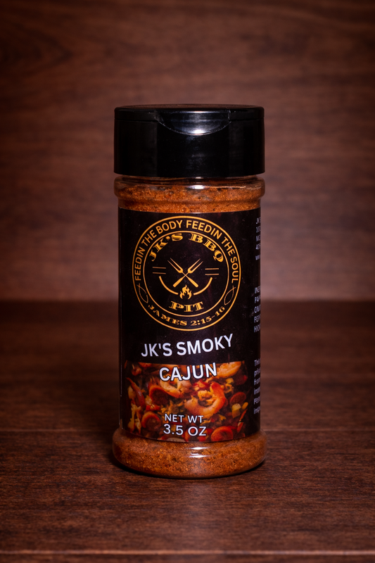 JK’s Smoky Cajun seasoning 3.5 oz bottle on wooden background with bold Cajun spice blend visible in clear jar