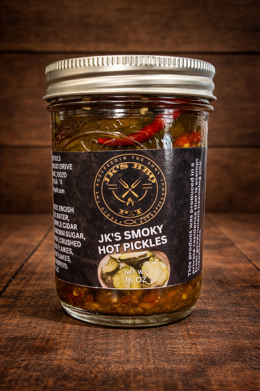 Smoky hot pickles in 16 oz mason jar with red chili peppers on rustic wooden table from JK’s BBQ Pit.
