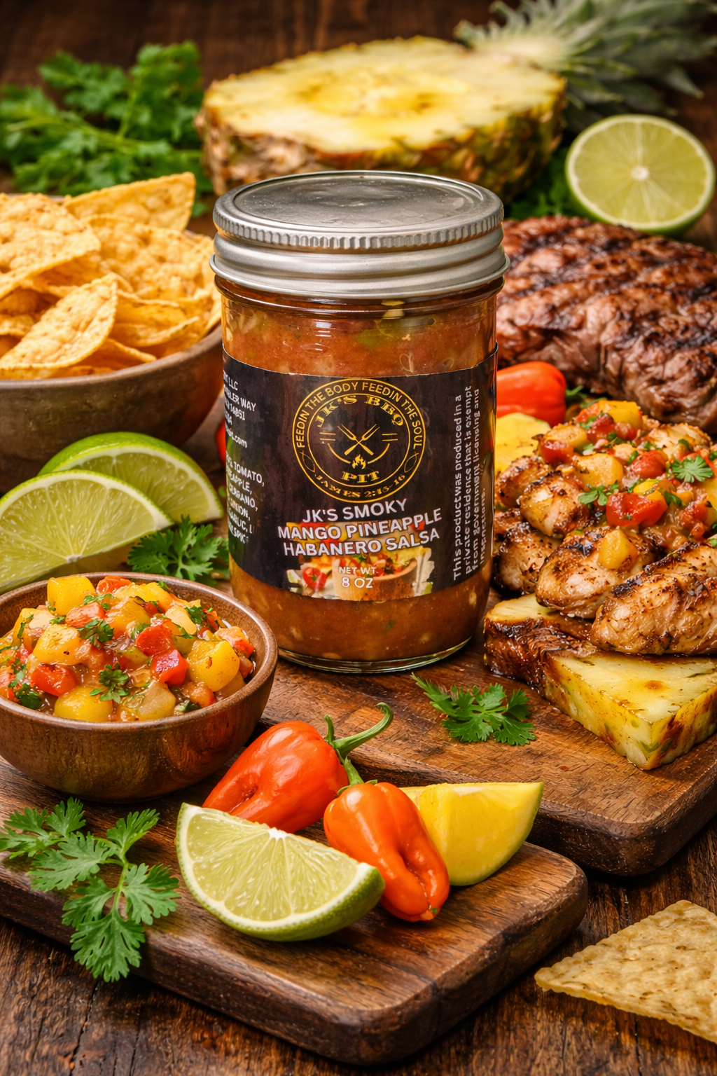 Jar of JK's Mango Pineapple Habanero Salsa served with grilled chicken, steak, fresh pineapple salsa, and tortilla chips on a rustic BBQ cutting board