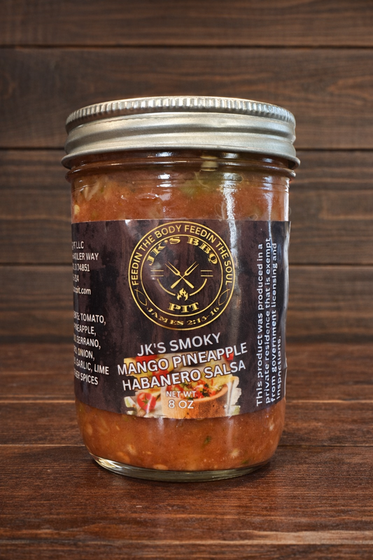 JK's Smoky Mango Pineapple Habanero Salsa jar on rustic wood background – sweet heat smoked salsa by JK's BBQ Pit