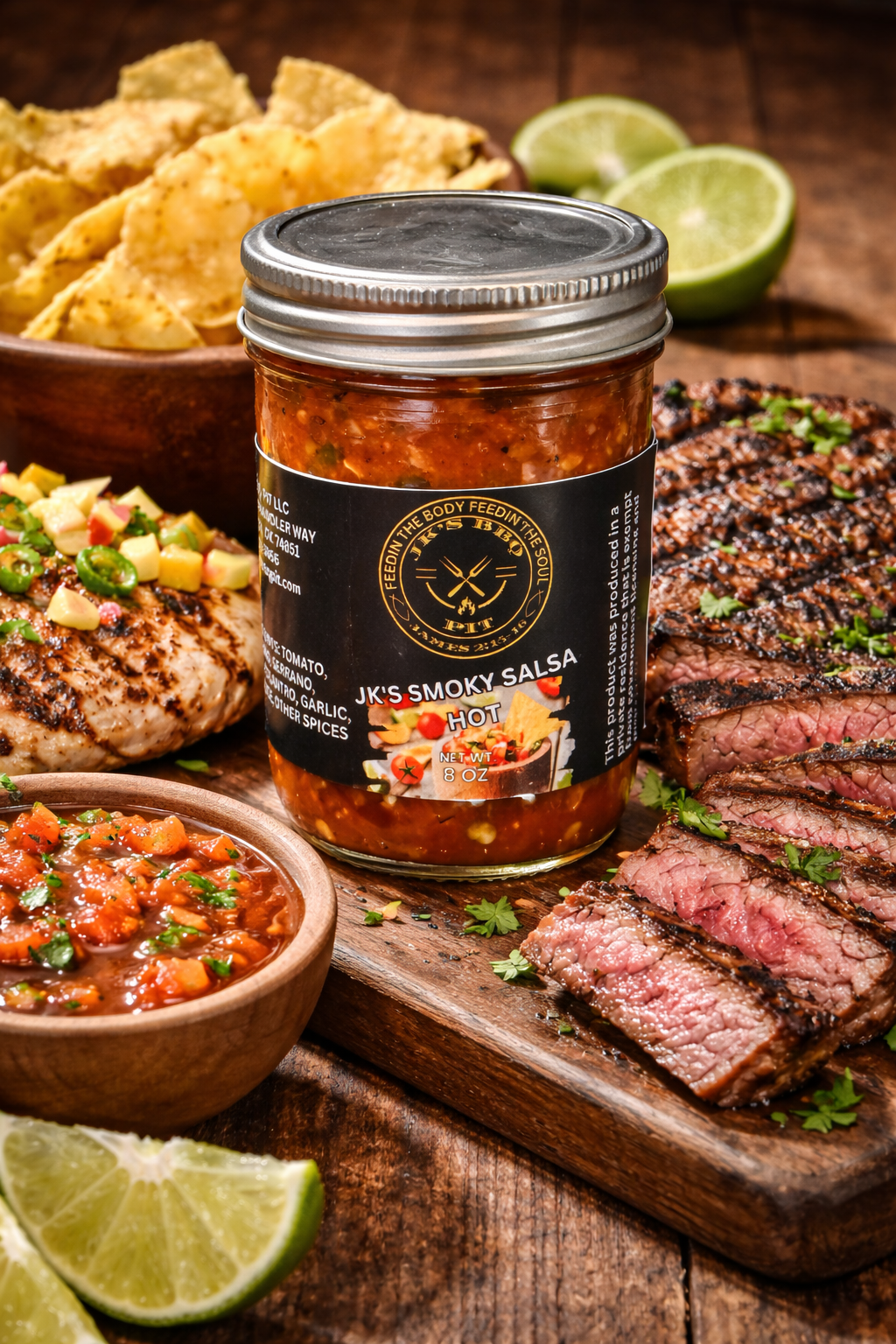 Jar of JK’s Smoky Salsa Hot with grilled steak, grilled chicken, tortilla chips, and fresh salsa on rustic wooden cutting boards