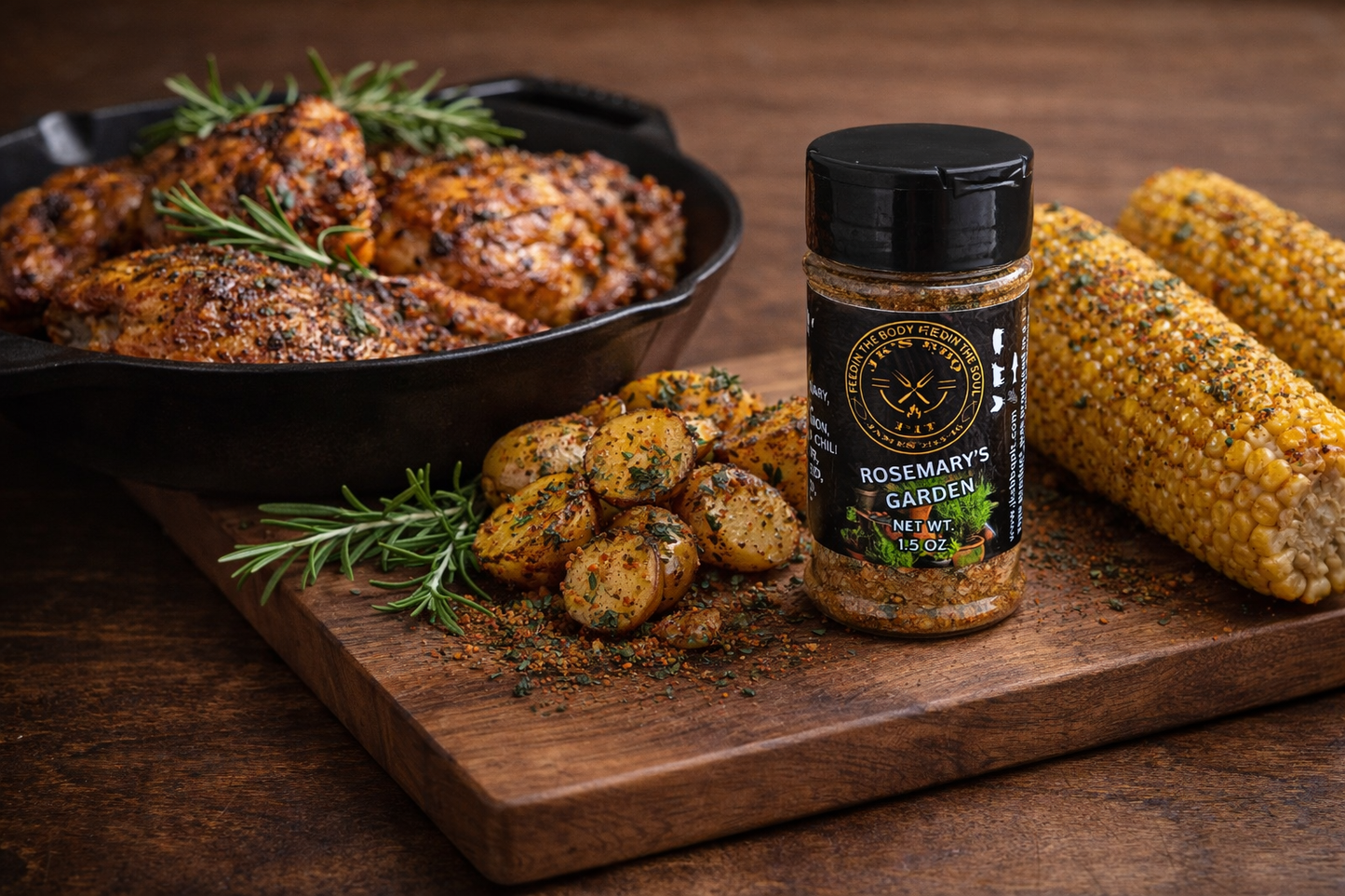 Rosemary herb BBQ seasoning rub for chicken, potatoes, and smoked corn – small batch pitmaster seasoning by JK’s BBQ Pit