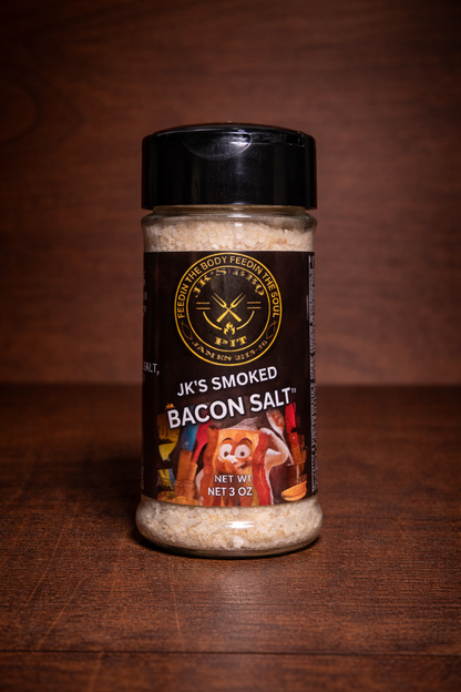 3 oz smoked bacon salt for burgers, fries, eggs, and vegetables – small batch pit smoked seasoning by JK’s BBQ Pit