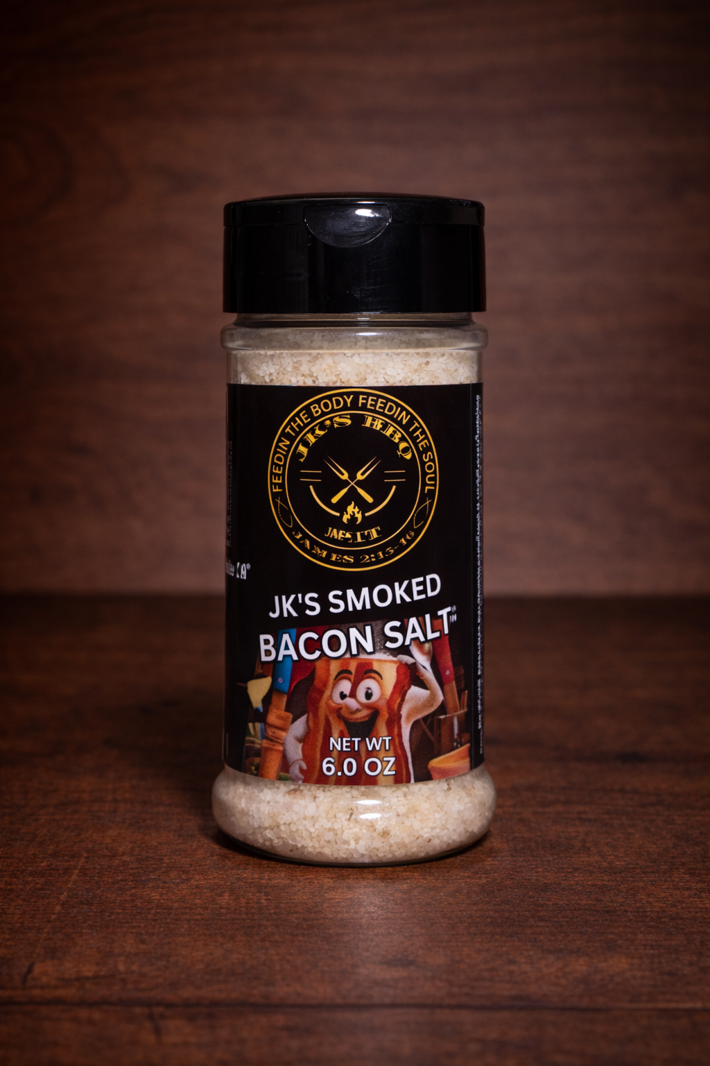 6 oz smoked bacon salt for burgers, fries, eggs, and vegetables – small batch pit smoked seasoning by JK’s BBQ Pit