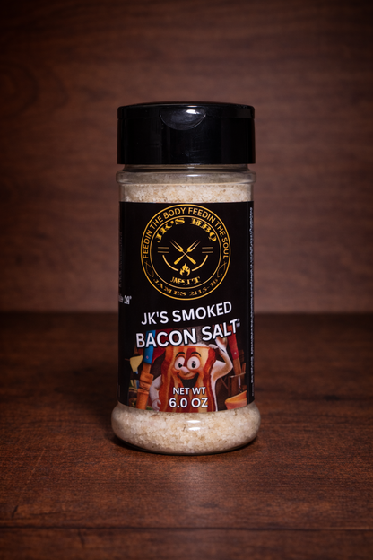 6 oz smoked bacon salt for burgers, fries, eggs, and vegetables – small batch pit smoked seasoning by JK’s BBQ Pit