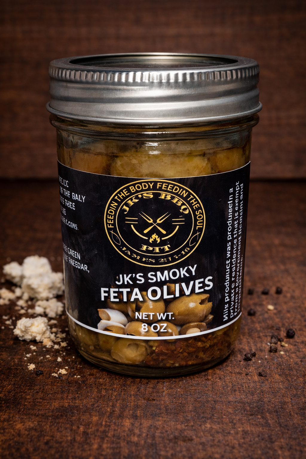 Smoked feta olives in jar with tangy bold BBQ flavor by JK’s BBQ Pit