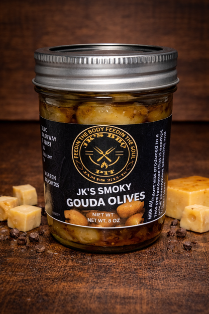 Smoked gouda olives in jar with creamy smoky BBQ flavor by JK’s BBQ Pit